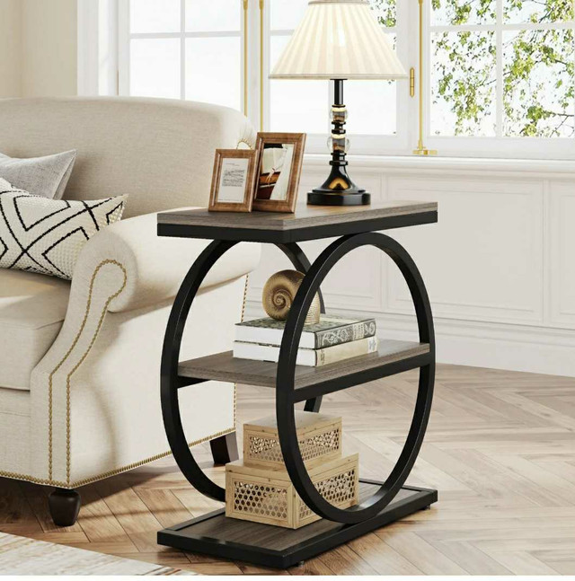 Wood End Table with 3 Tiers Storage Shelves