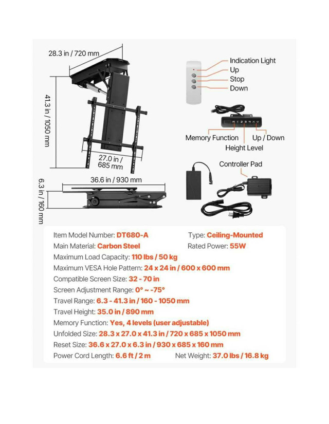Electric Ceiling TV Mount 32-70 Inch - photo 5