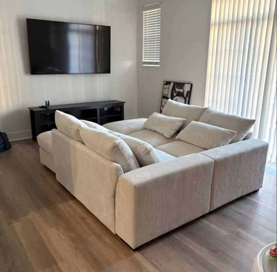 Cream Corduroy Sectional Couch with Two Ottomans Condo Friendly image indicator(6)