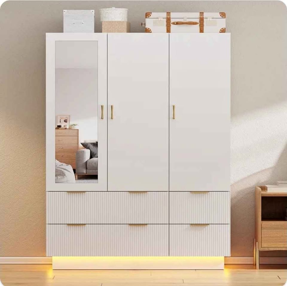 Unassembled 3-Door Wardrobe with Mirror & LED Lights