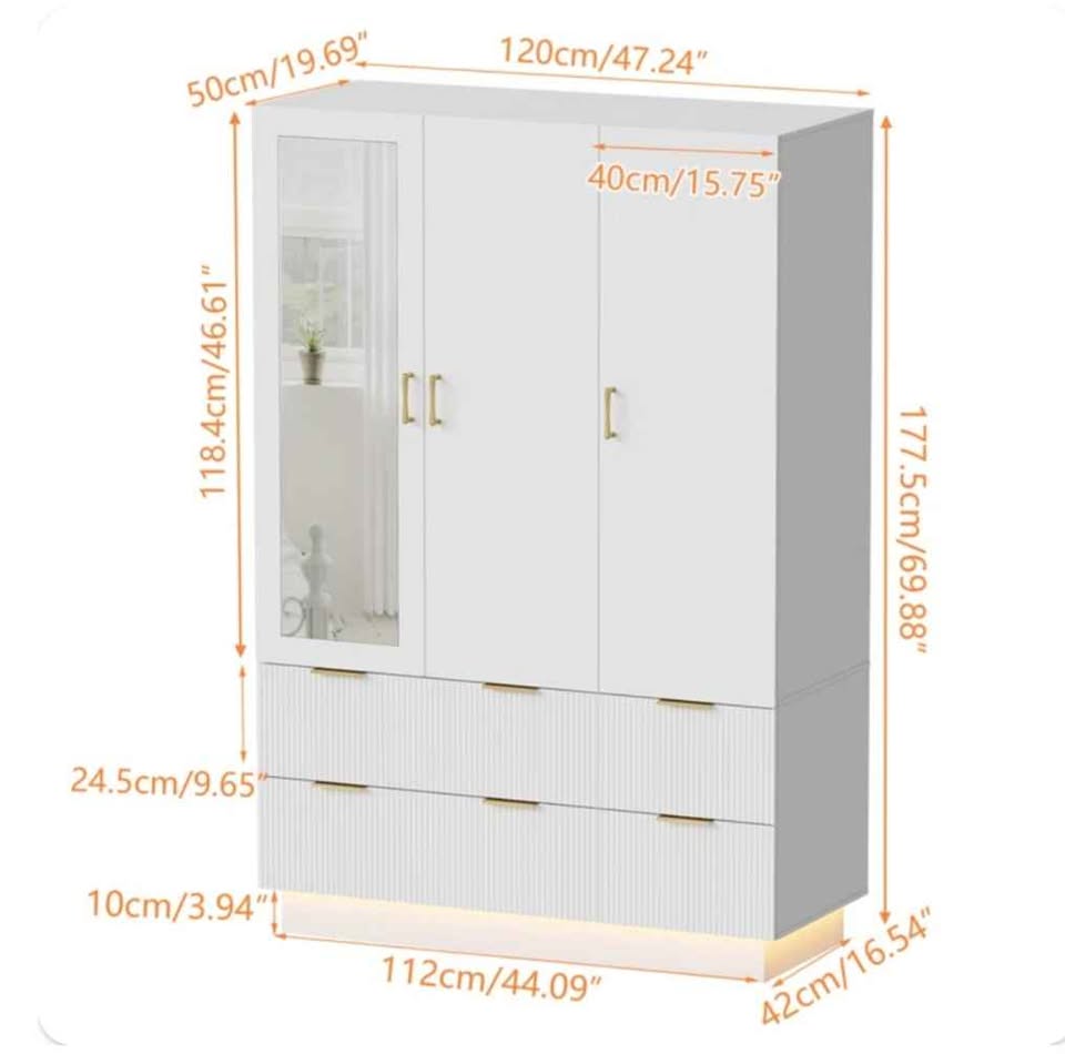 Unassembled 3-Door Wardrobe with Mirror & LED Lights - photo 2