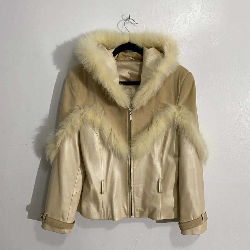 Vintage real leather and fur pearl coloured jacket