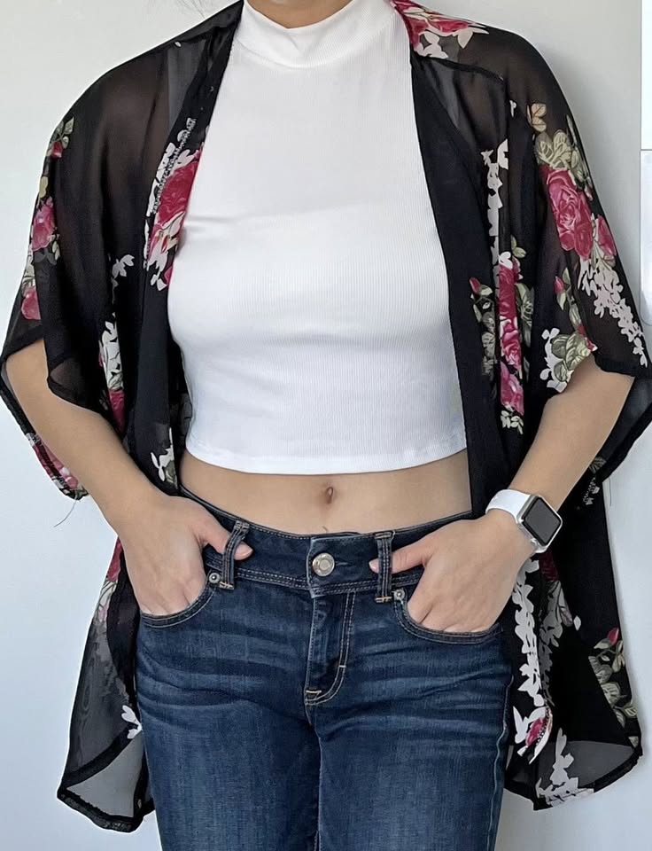 Japanese Floral Kimono Wrap - Black