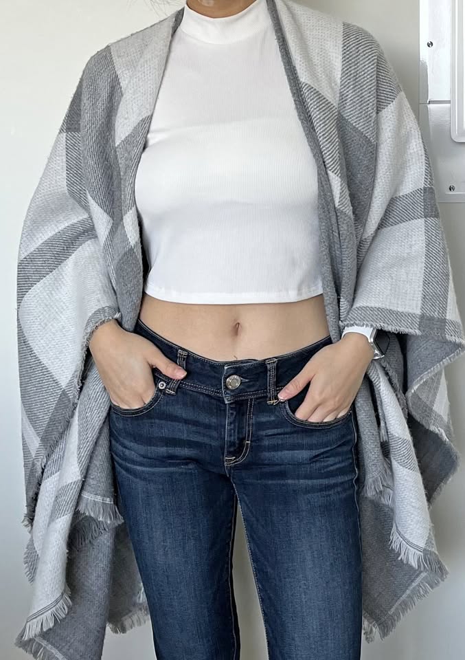 2 Sided Reversible Scarf Wrap - Grey & Plaid
