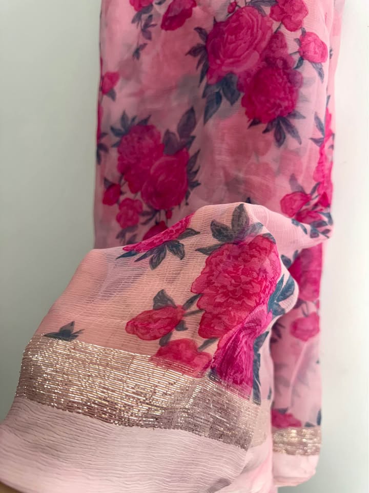 pink floral digital printed georgette saree - photo 3