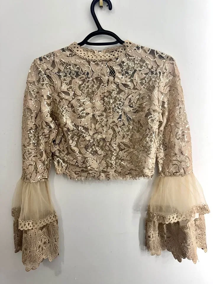 gold lace and sequin crop top with tiered bell sleeves