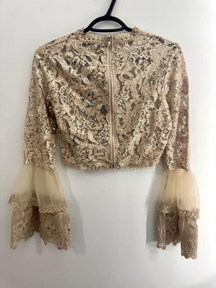 gold lace and sequin crop top with tiered bell sleeves - photo 2