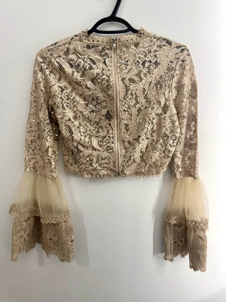 gold lace and sequin crop top with tiered bell sleeves image indicator(2)