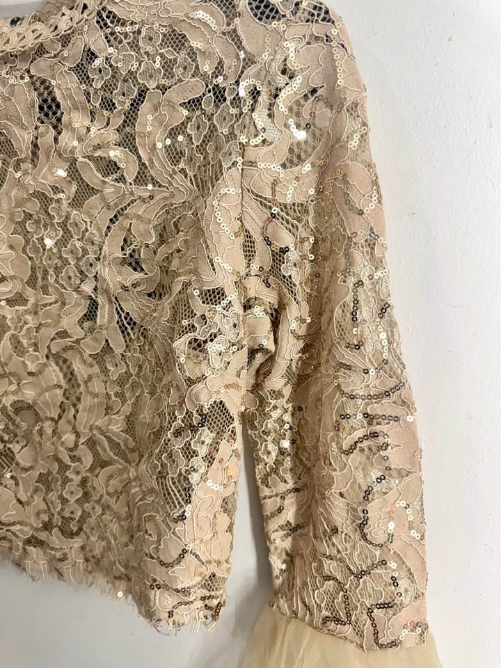 gold lace and sequin crop top with tiered bell sleeves - photo 3
