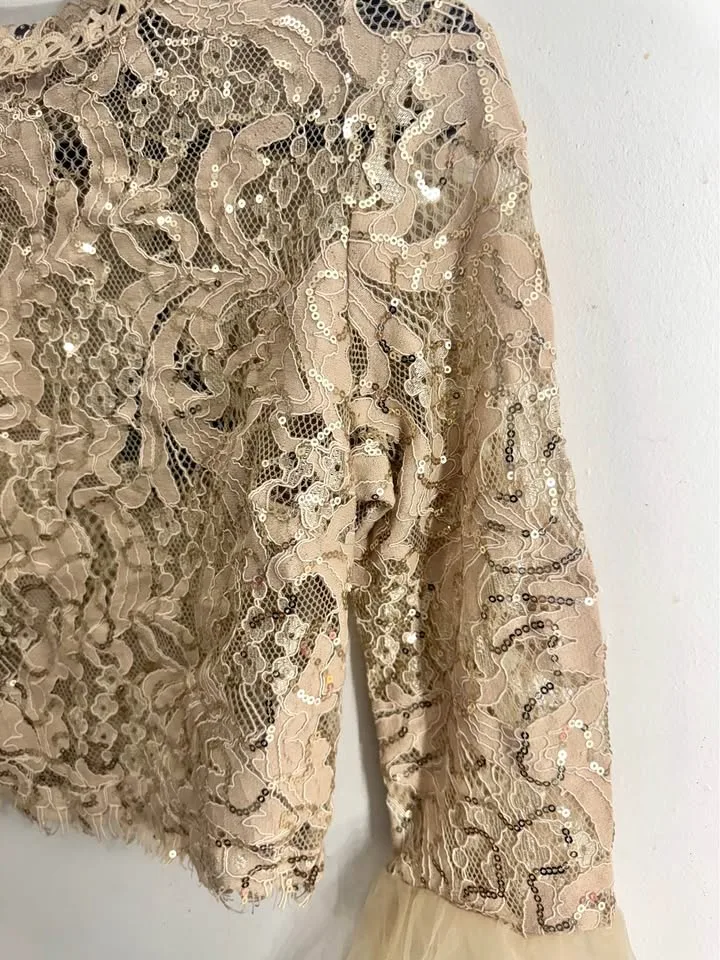 gold lace and sequin crop top with tiered bell sleeves image indicator(3)