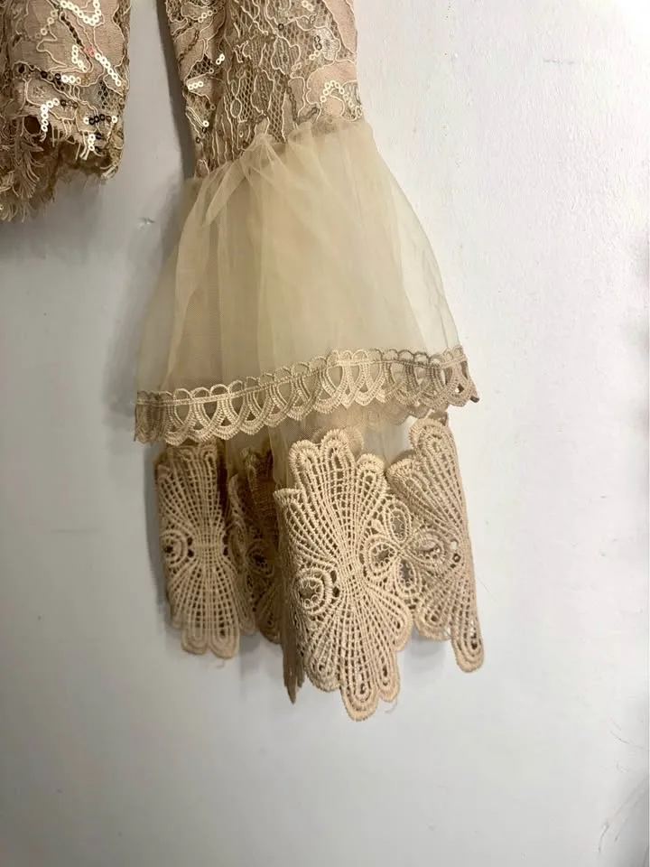 gold lace and sequin crop top with tiered bell sleeves image indicator(4)