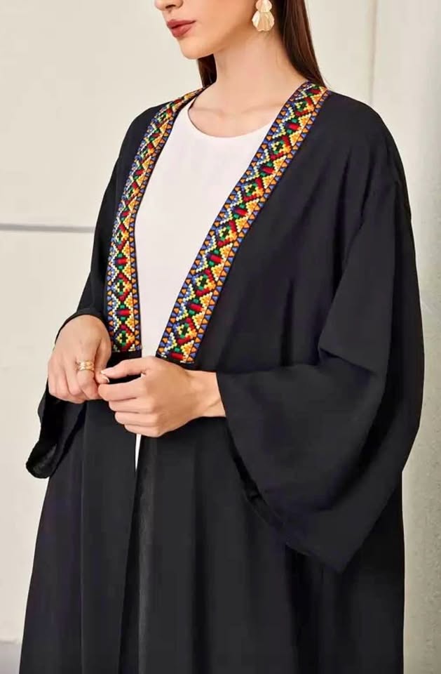 black open abaya with colorful embroidered trim