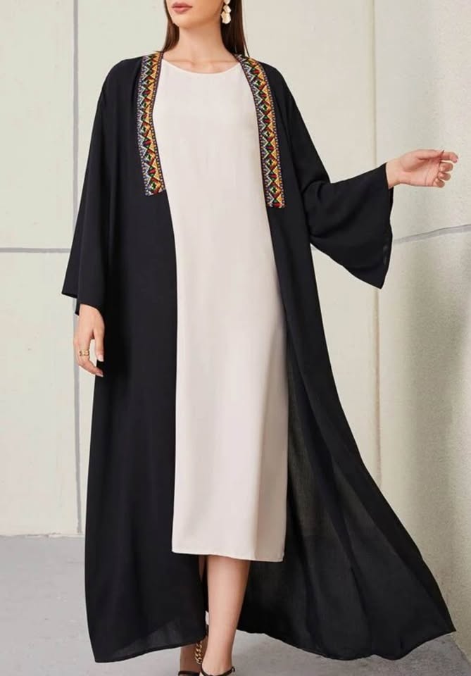 black open abaya with colorful embroidered trim - photo 2
