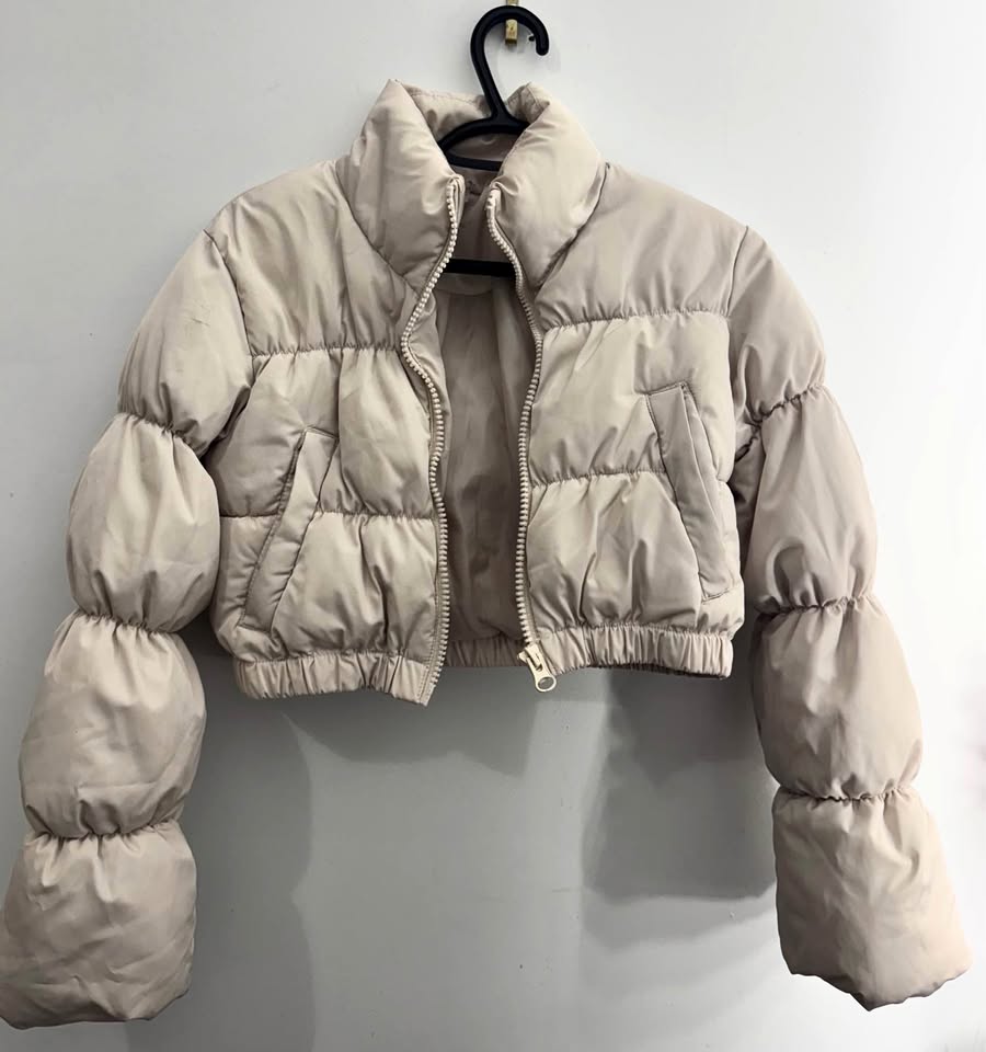 beige women's cropped puffer jacket