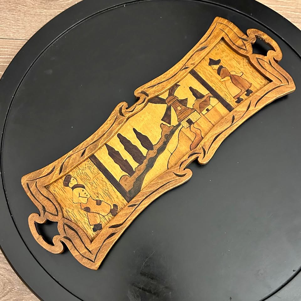 Vintage Wooden Table Decor – Dutch Windmill Scene Marquetry Pane