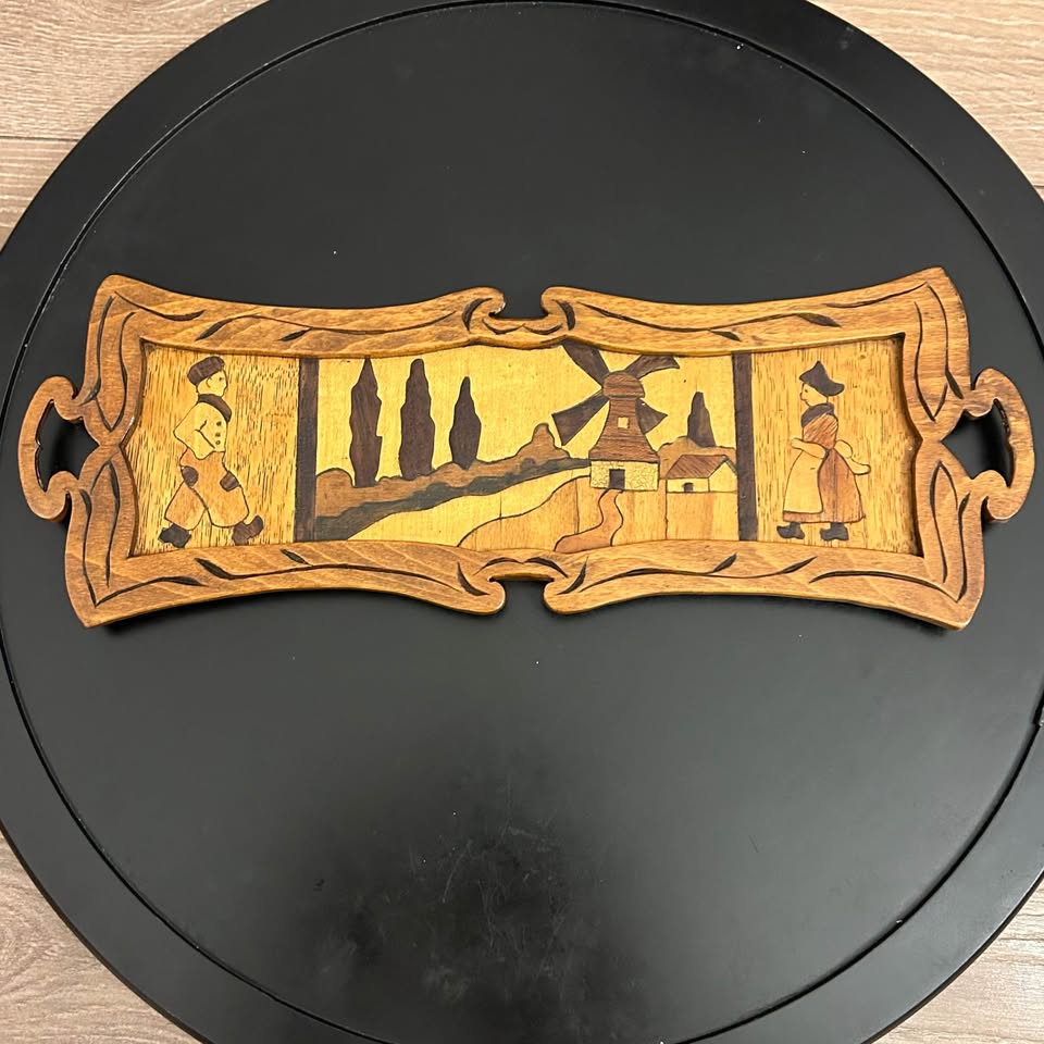 Vintage Wooden Table Decor – Dutch Windmill Scene Marquetry Pane - photo 2