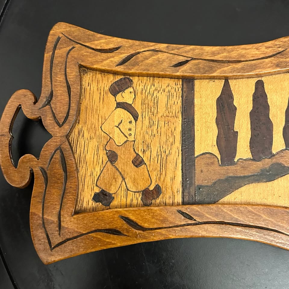 Vintage Wooden Table Decor – Dutch Windmill Scene Marquetry Pane - photo 4