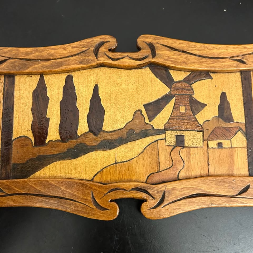Vintage Wooden Table Decor – Dutch Windmill Scene Marquetry Pane - photo 5