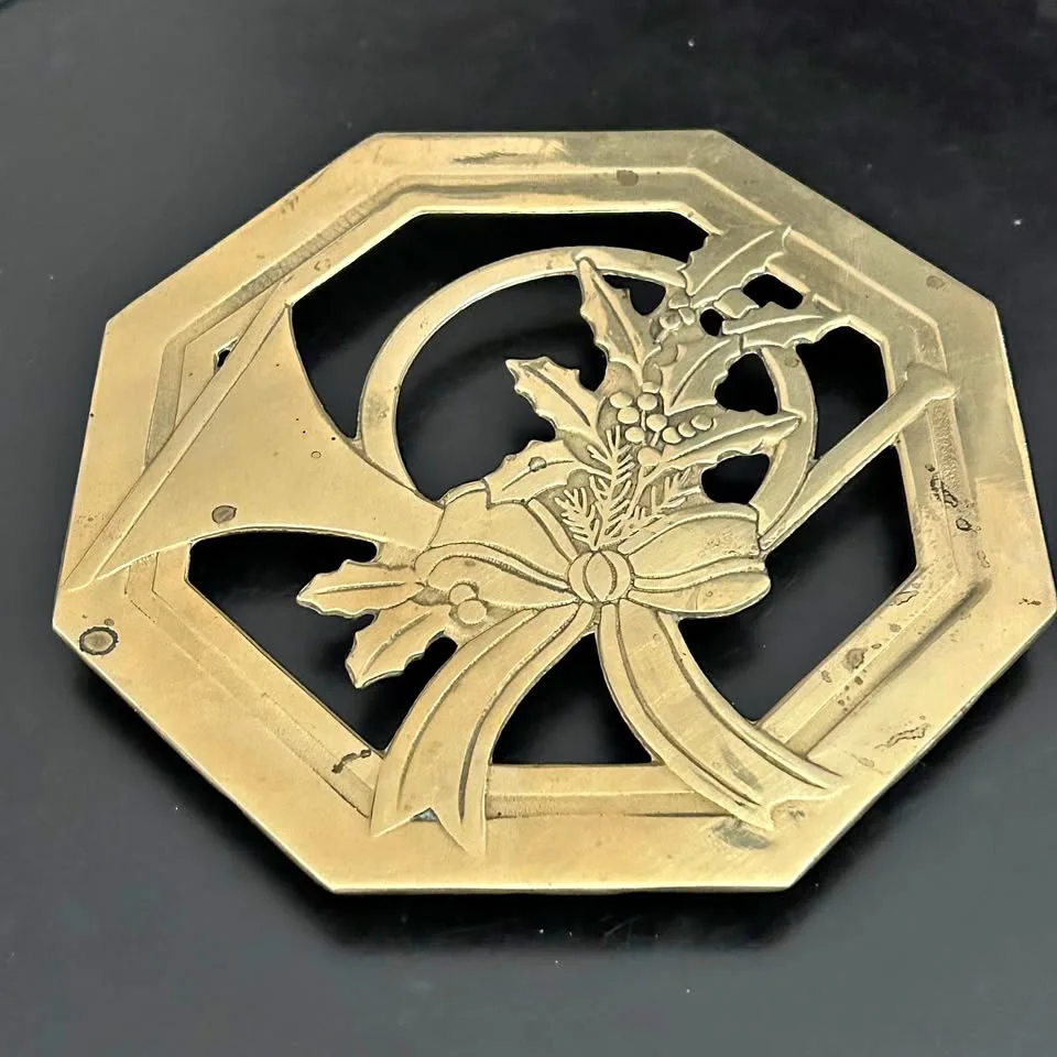 Vintage Solid Brass Christmas Decor Trivet – Holly, Bow & Bell D