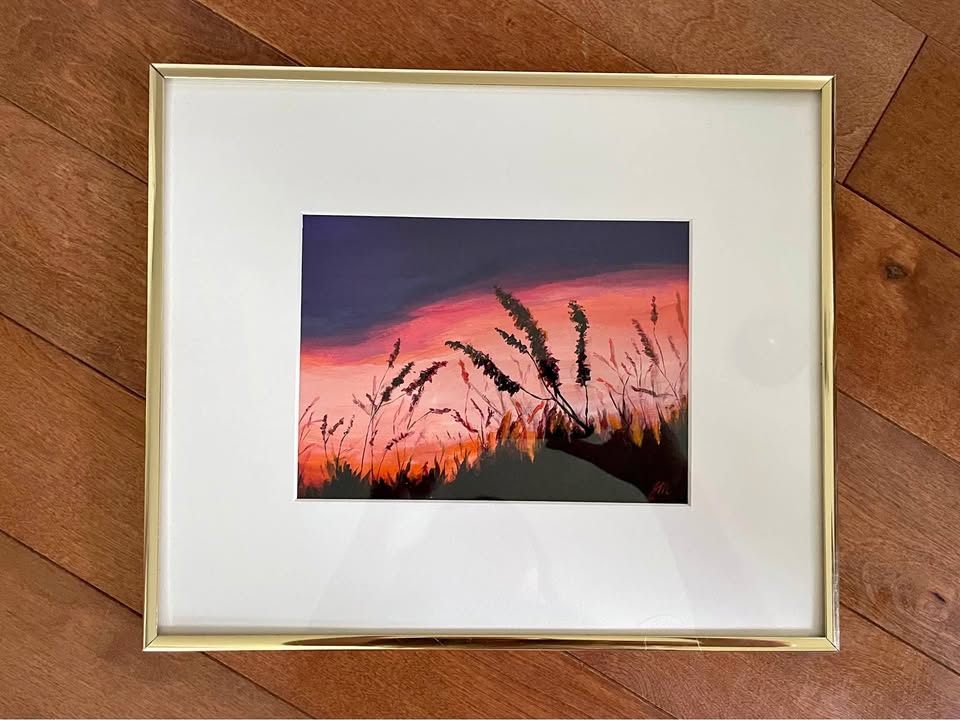 Framed original acrylic sunset landscape painting
