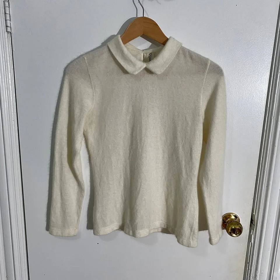 Angora blend long sleeve blouse with collar - off white