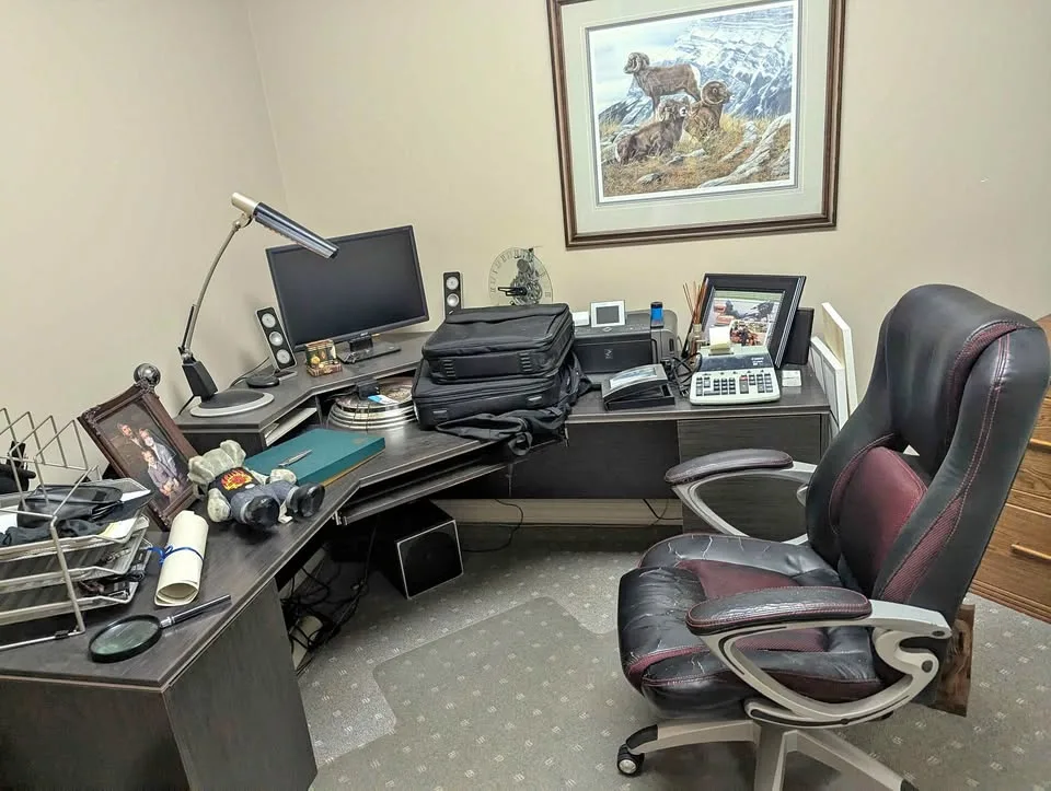 Desk with chair and stuff