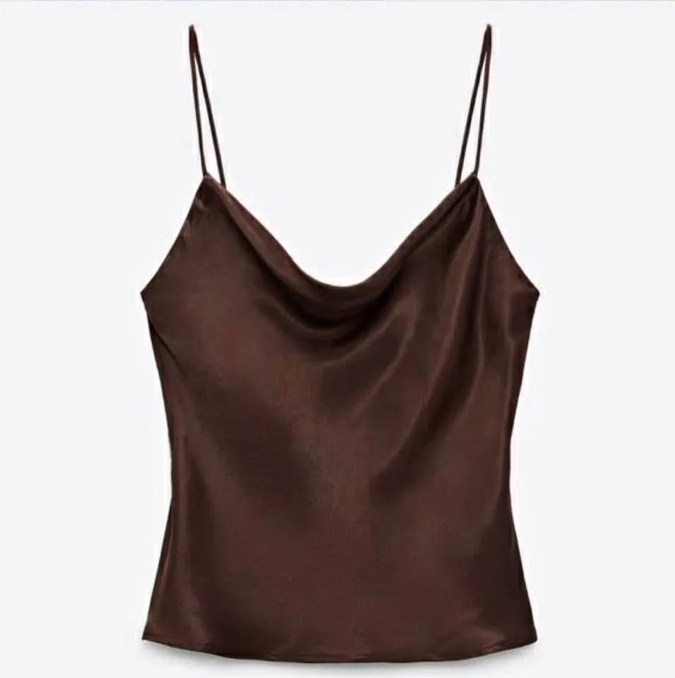 Zara Brown Cowl Neck Satin Tank Top