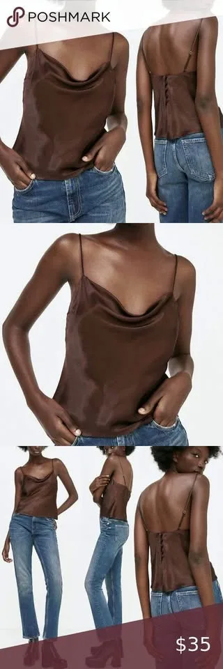 Zara Brown Cowl Neck Satin Tank Top image indicator(2)