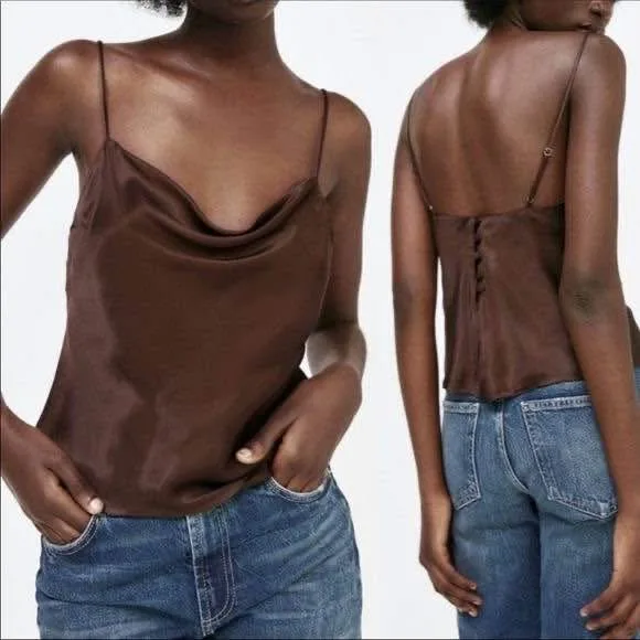 Zara Brown Cowl Neck Satin Tank Top image indicator(3)