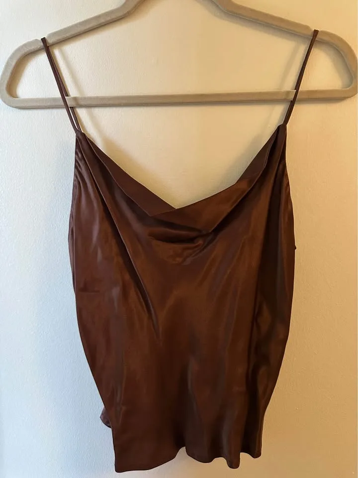 Zara Brown Cowl Neck Satin Tank Top image indicator(4)