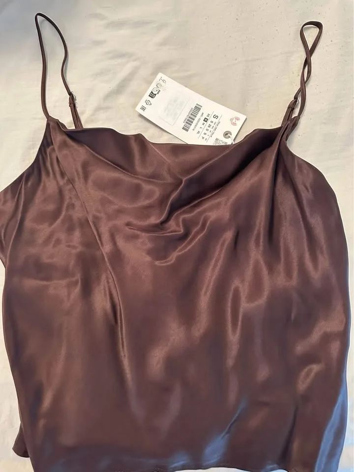 Zara Brown Cowl Neck Satin Tank Top image indicator(6)