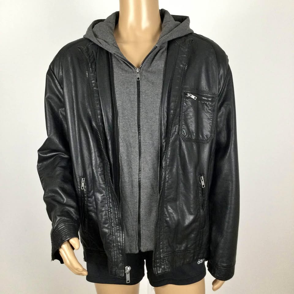 Men’s PERRY ELLIS Faux Leather Jacket with attached Flannel Hood