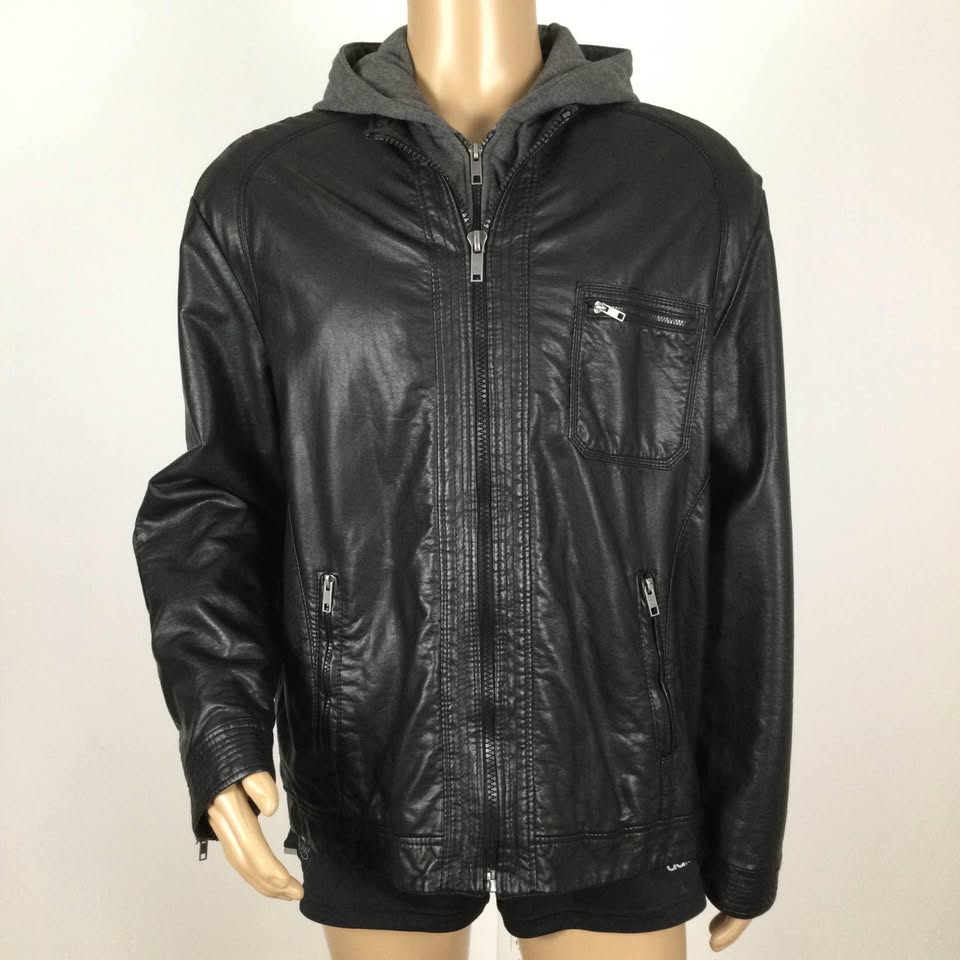 Men’s PERRY ELLIS Faux Leather Jacket with attached Flannel Hood - photo 2