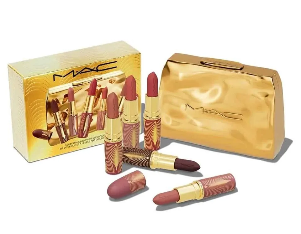 New MAC Lipstick Set w/gold clutch image indicator(6)