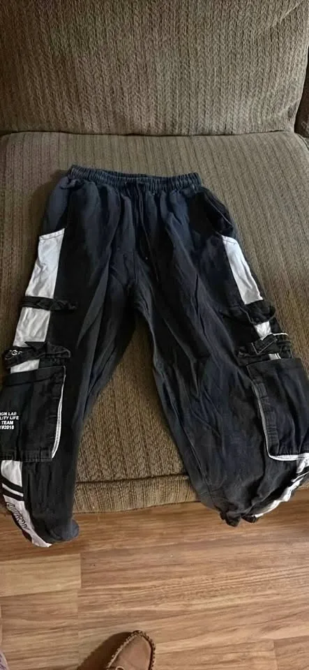 Black w white stripes cargo sweats thumbnail