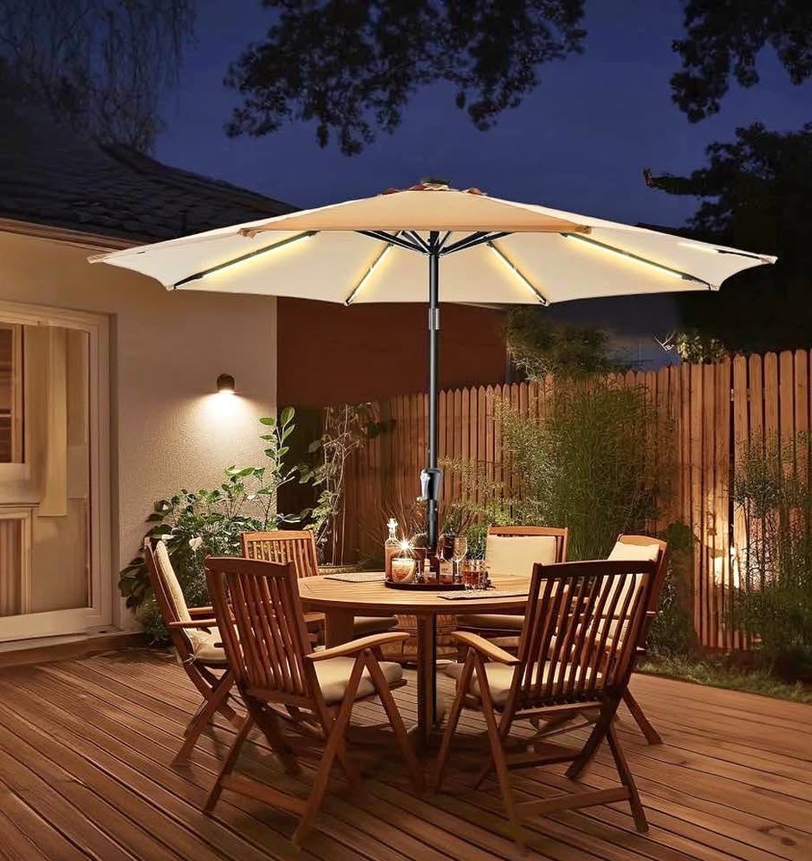 9FT Solar LED Patio Umbrella – Beige, New (Open Box)
