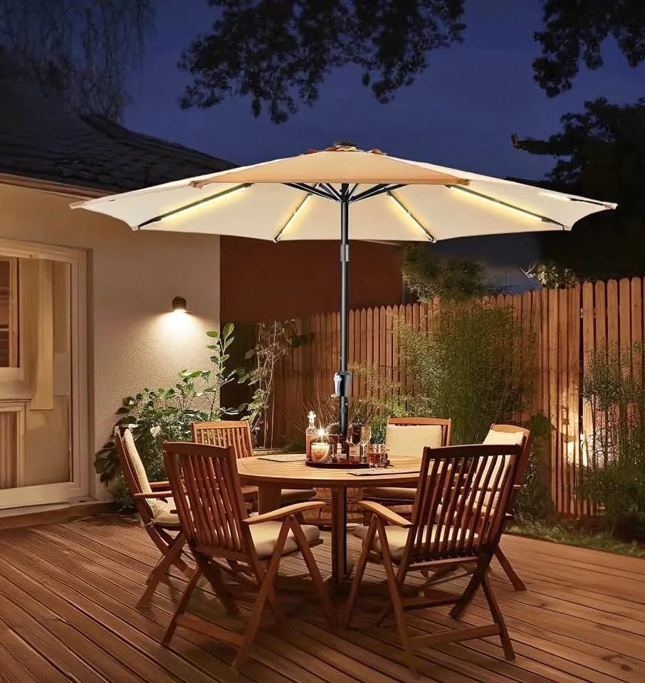 9FT Solar LED Patio Umbrella – Beige, New (Open Box) thumbnail