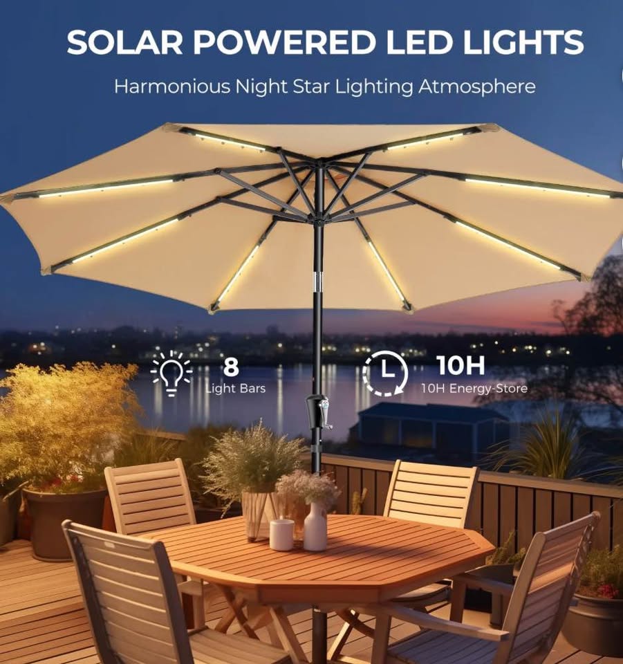 9FT Solar LED Patio Umbrella – Beige, New (Open Box) - photo 2