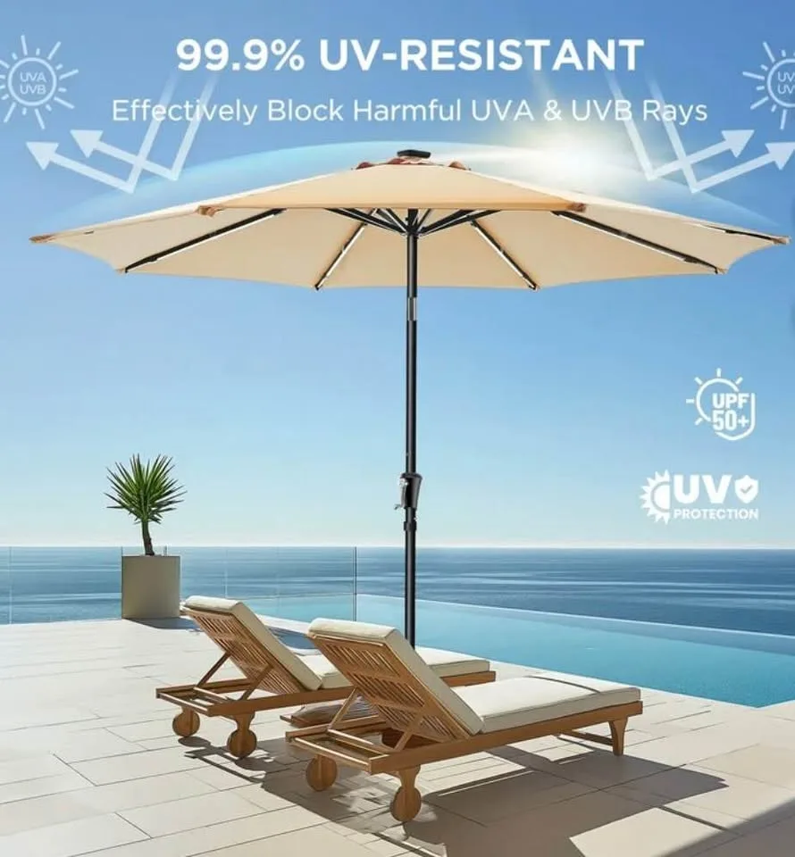 9FT Solar LED Patio Umbrella – Beige, New (Open Box) image indicator(3)