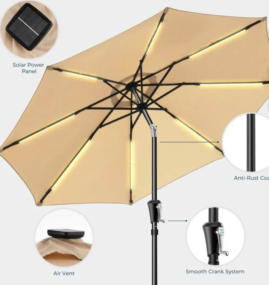 9FT Solar LED Patio Umbrella – Beige, New (Open Box) - photo 5