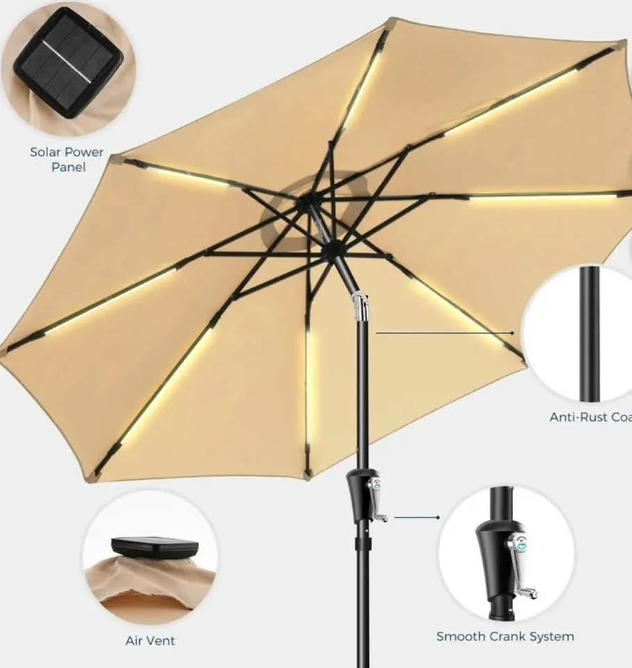 9FT Solar LED Patio Umbrella – Beige, New (Open Box) image indicator(5)