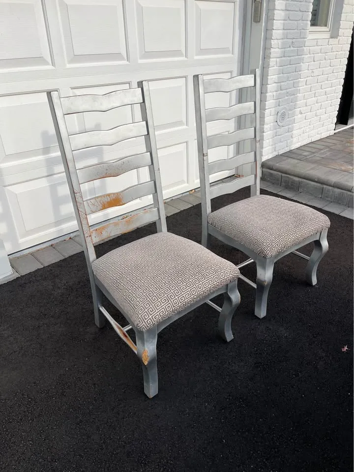 2 Heavy Wood silver grey distressed dining room chairs image indicator(5)