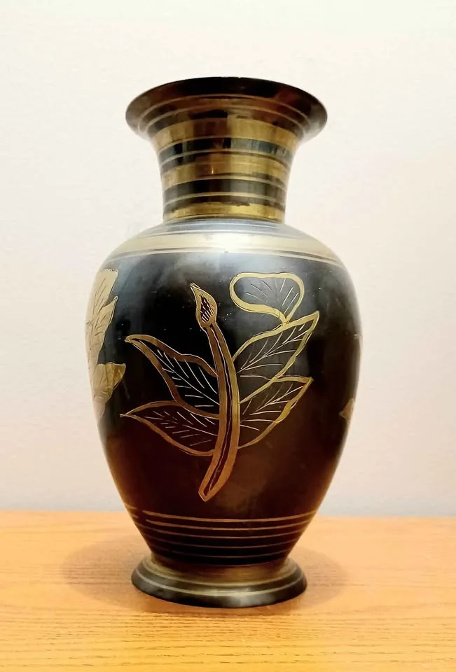 Vtg Etched Brass Ebonized Vase image indicator(2)