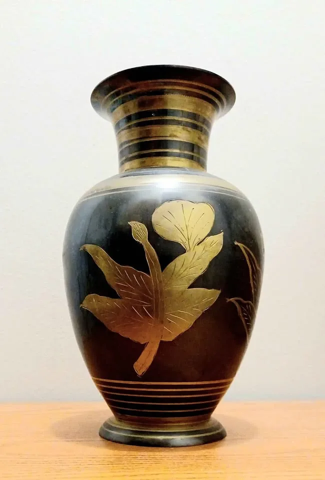 Vtg Etched Brass Ebonized Vase image indicator(3)