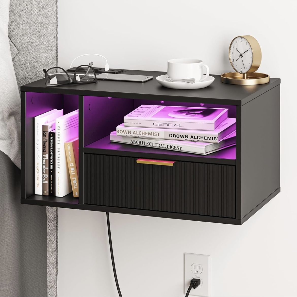 Black Floating Nightstand with Charging Station and LED Lights