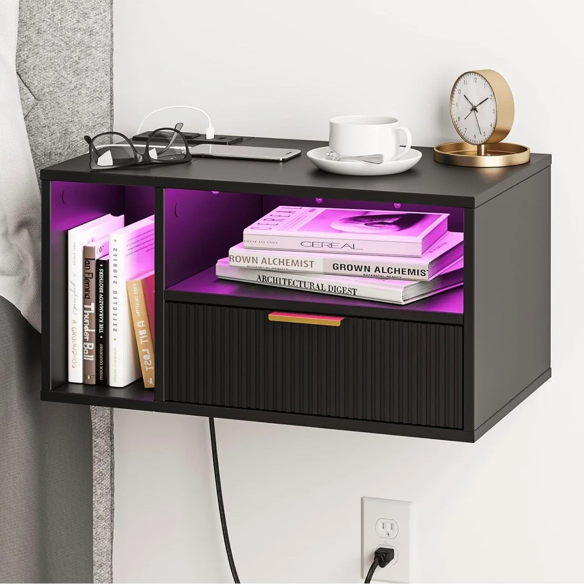 Black Floating Nightstand with Charging Station and LED Lights thumbnail