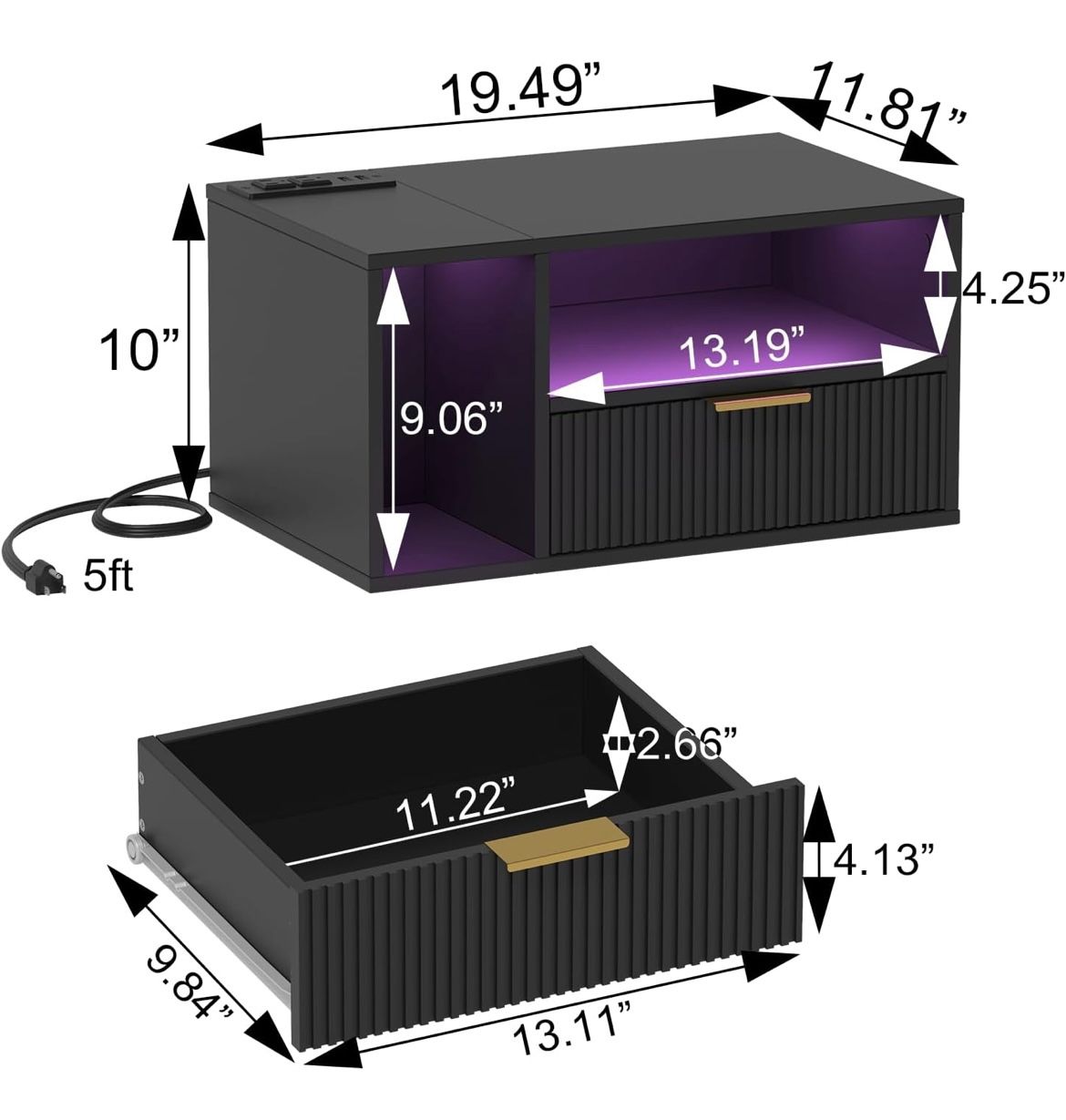 Black Floating Nightstand with Charging Station and LED Lights - photo 4