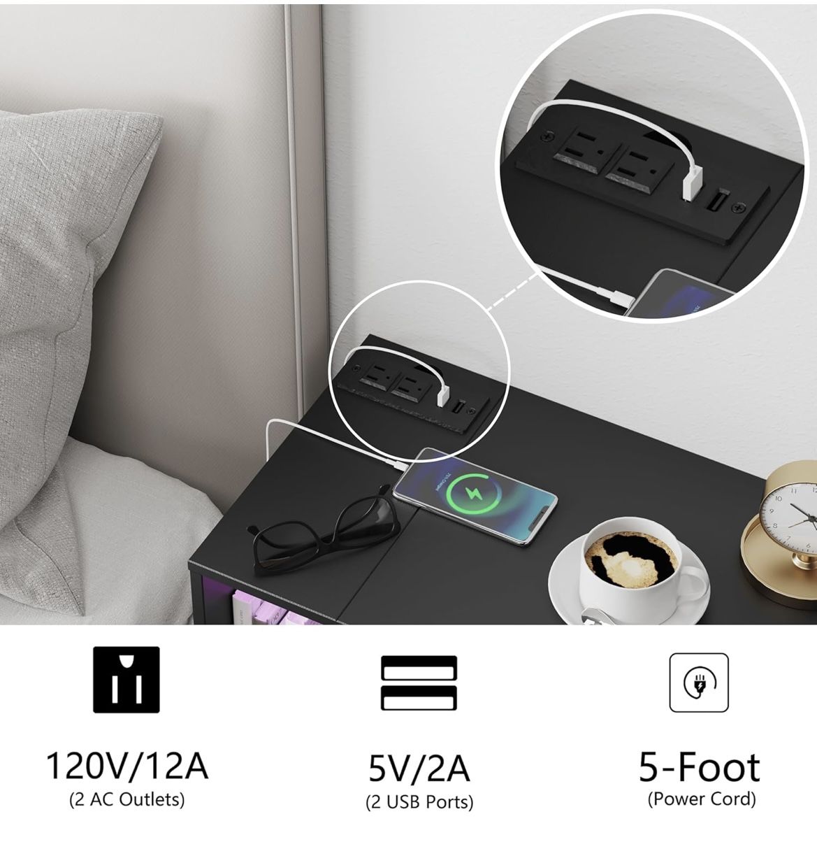 Black Floating Nightstand with Charging Station and LED Lights - photo 5