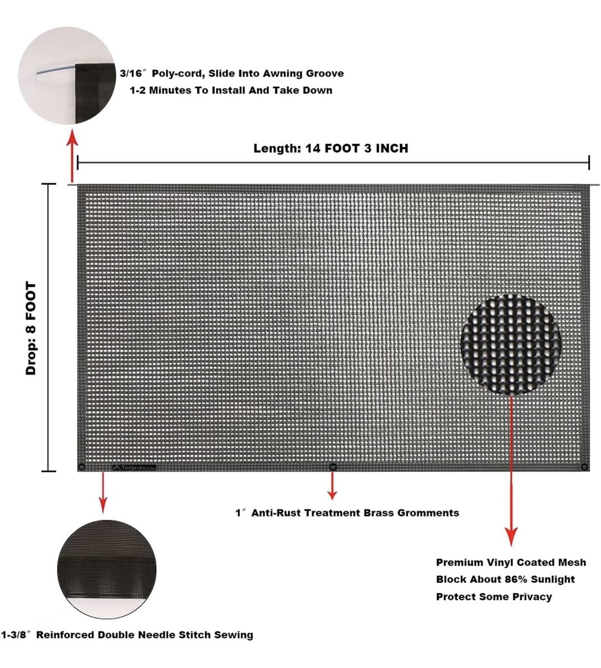 Tentproinc RV Awning Sun Shade Screen 8' X 14' 3'' - photo 3