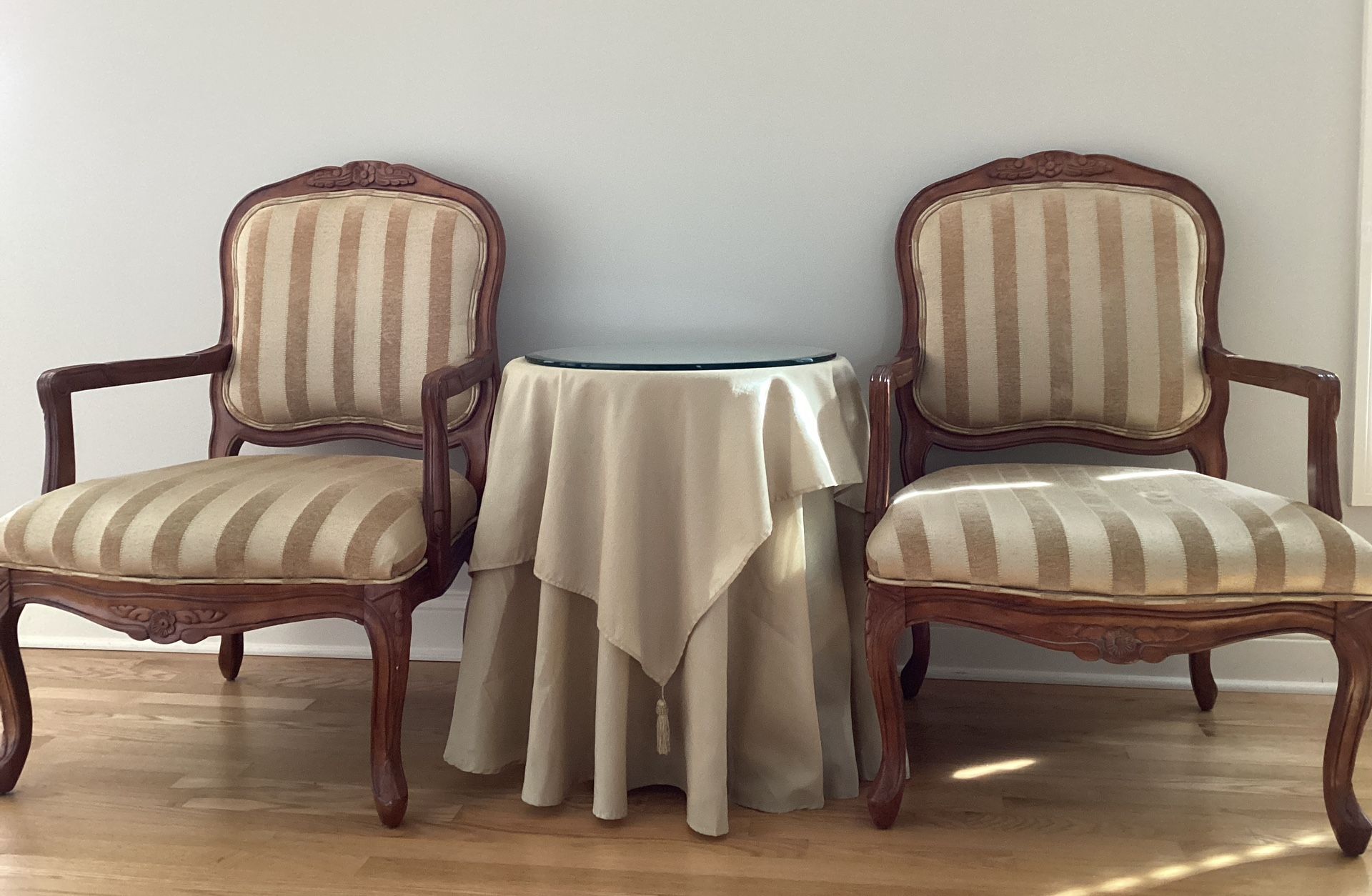 Two Accent Chairs +  Table + Table Glass+ Two Layers Table Cloth